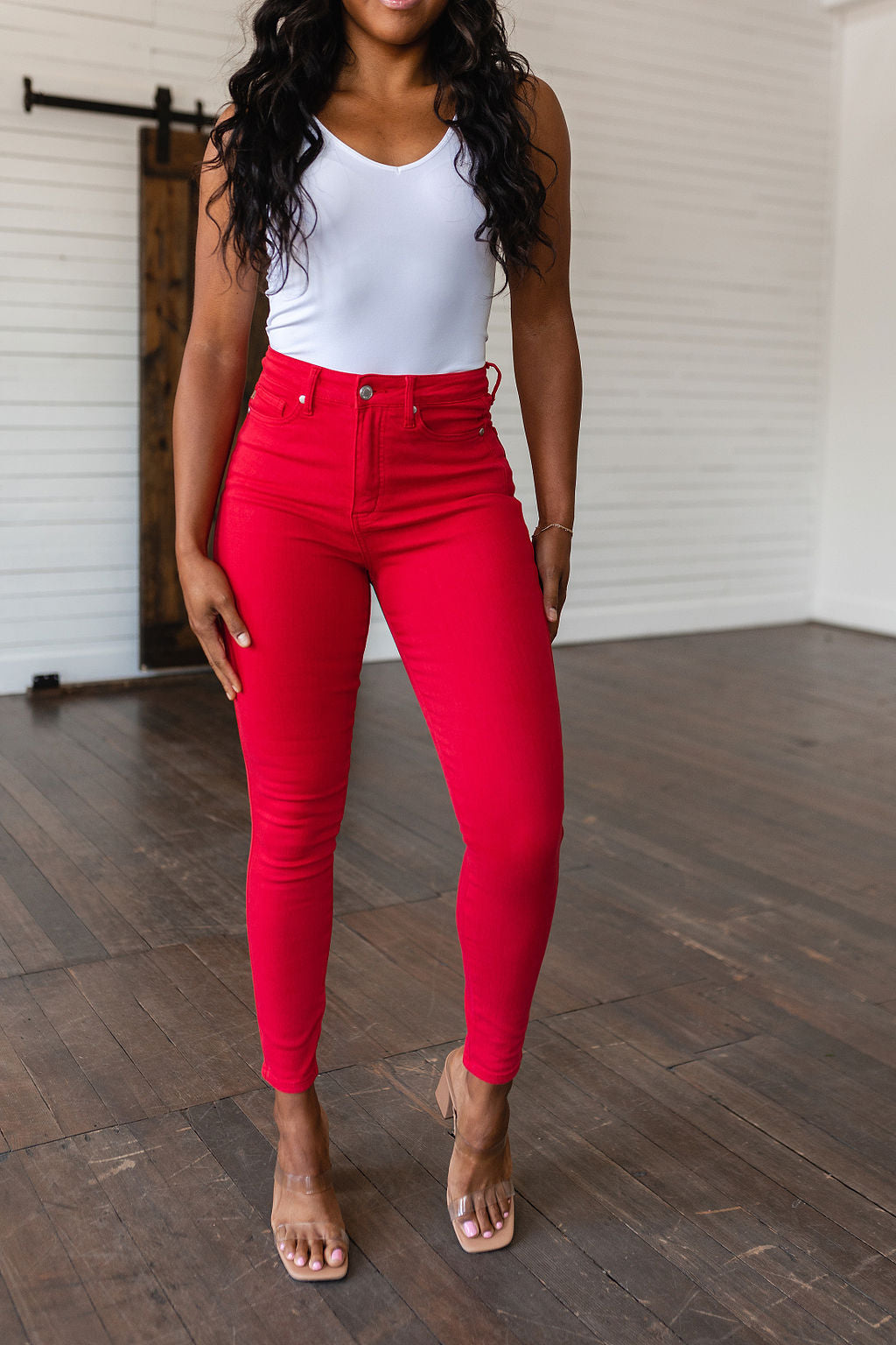 Ruby High Rise Control Top Garment Dyed Skinny Jeans in Red