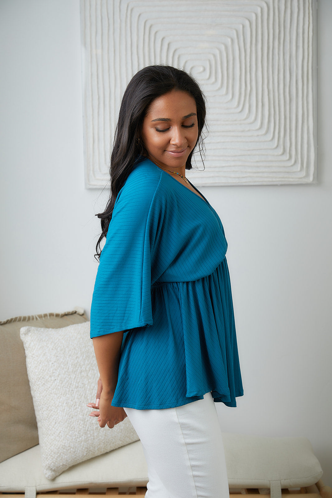 Storied Moments Draped Peplum Top in Teal