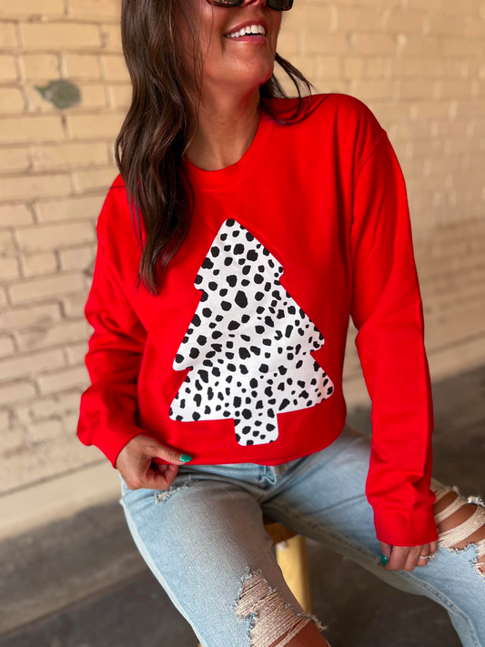 PREORDER: Dalmatian Spot Christmas Tree Sweatshirt in Red