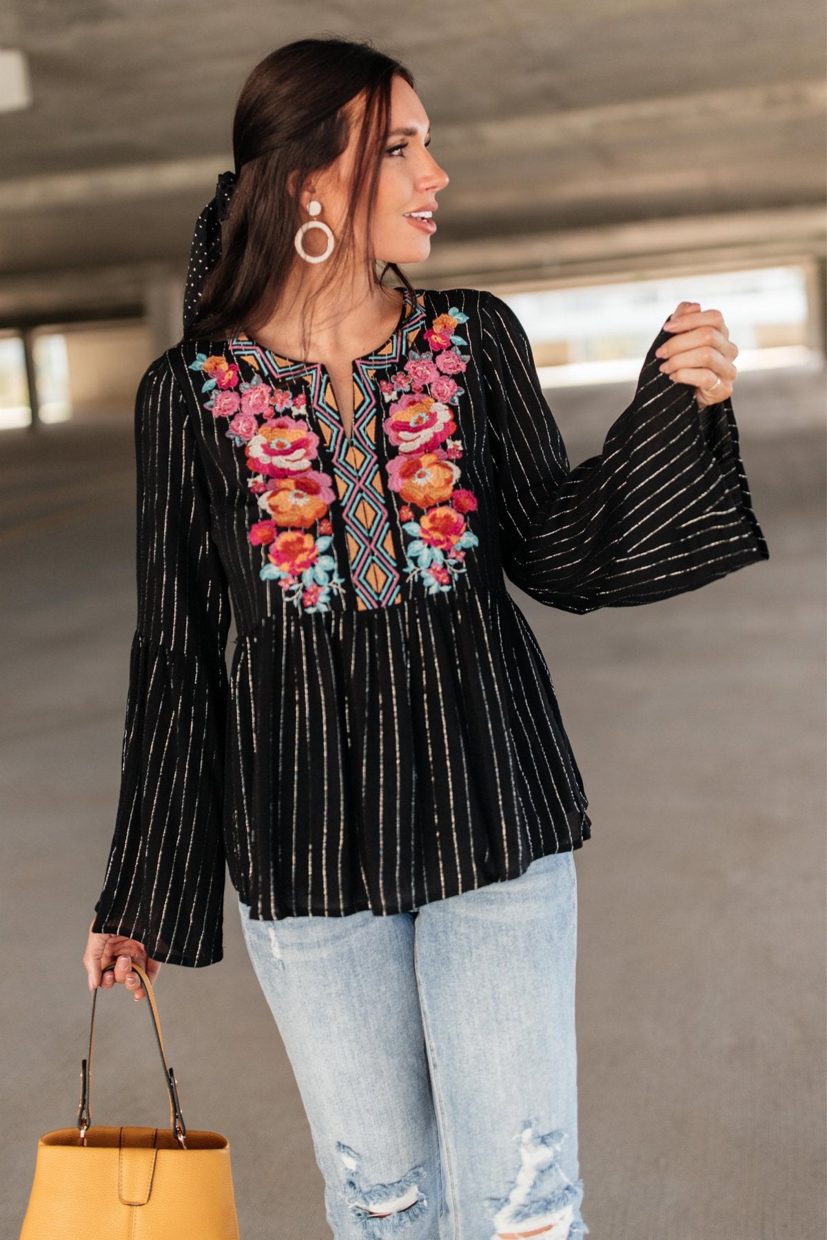 Blooming Rose Striped & Embroidered Blouse