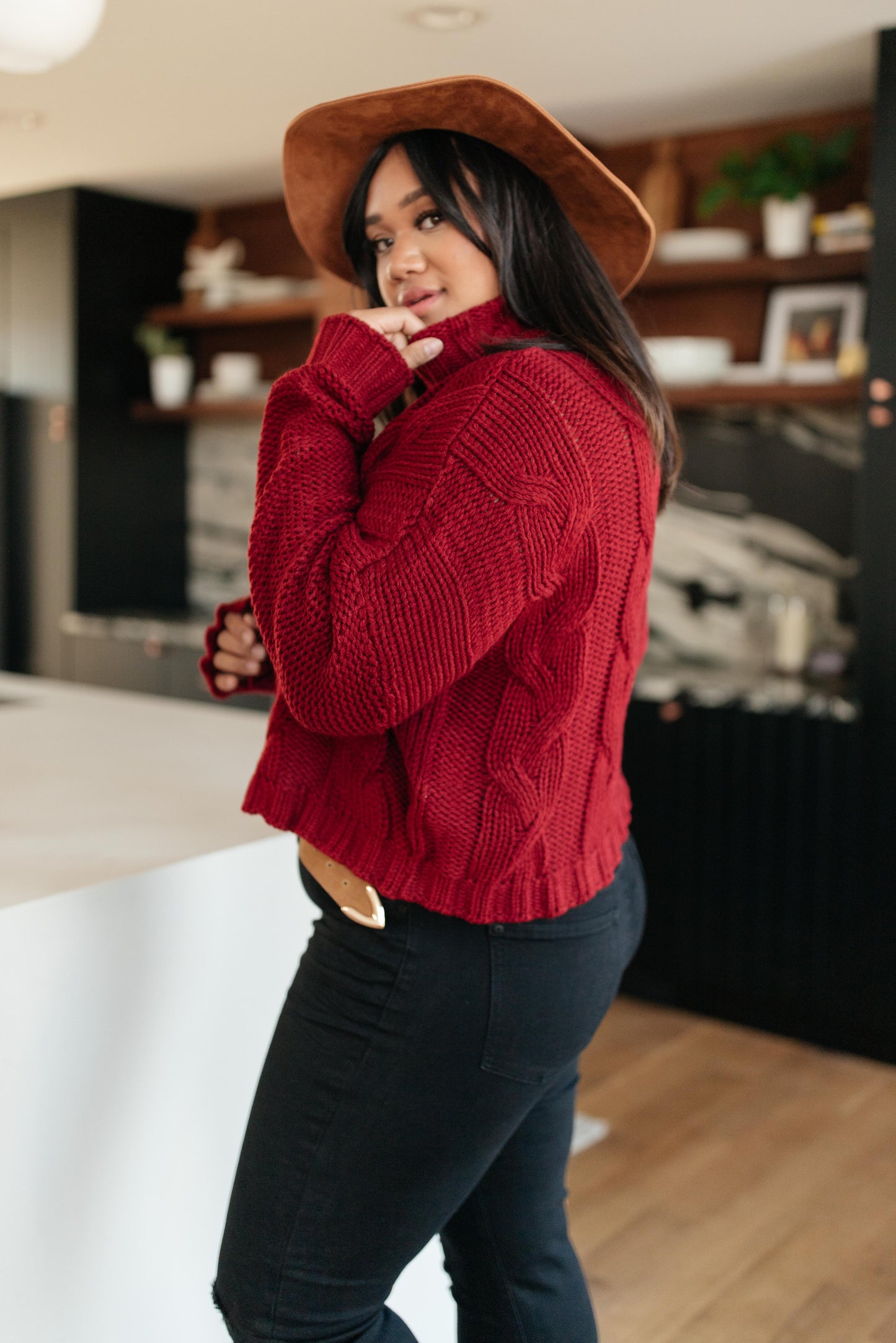 Classic Cable Knit Sweater in Cranberry