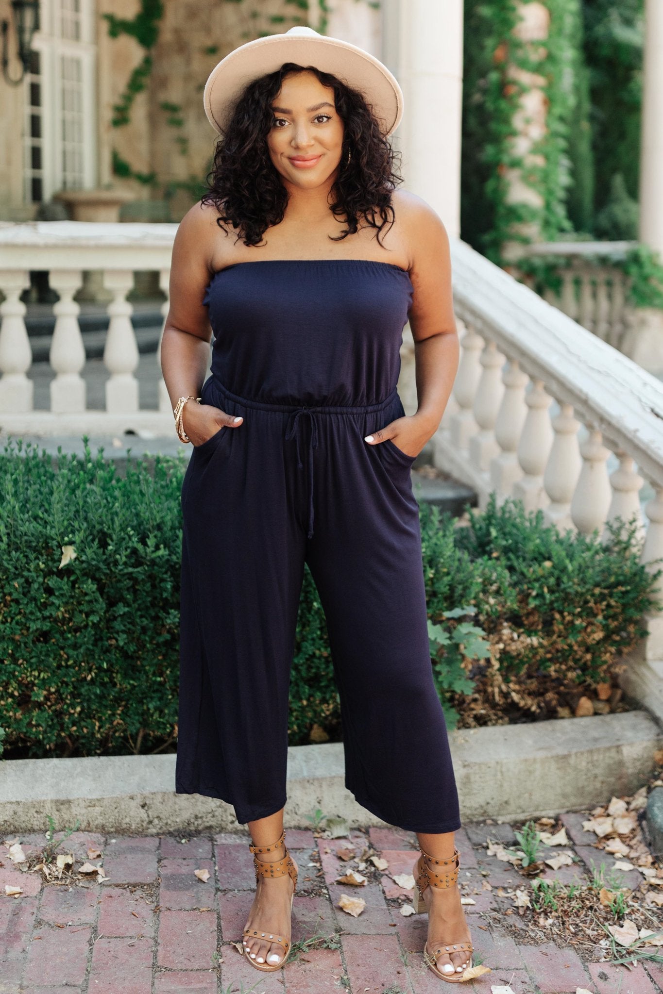 Cropped Tube Top Jumpsuit In Navy