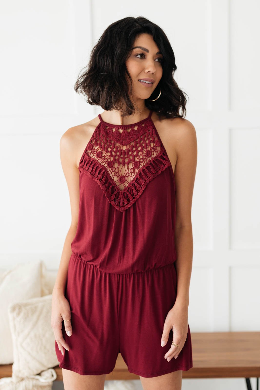 Lace Topped Romper In Wine