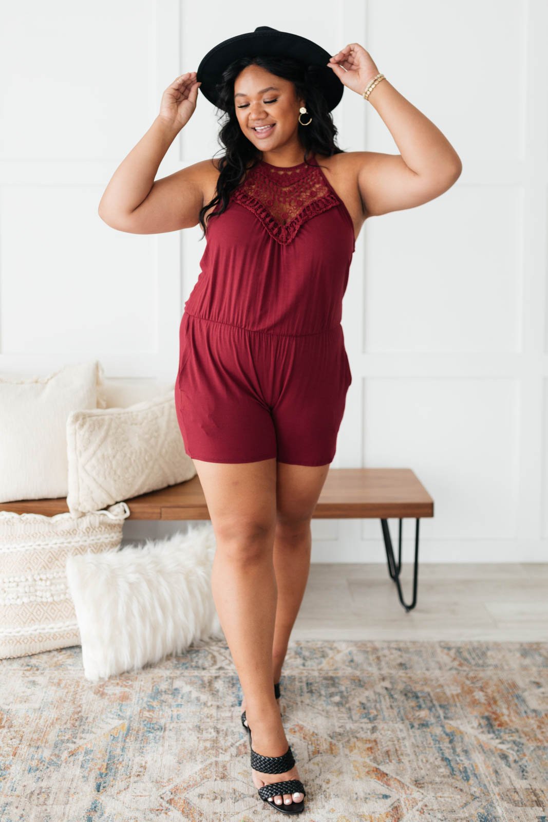 Lace Topped Romper In Wine