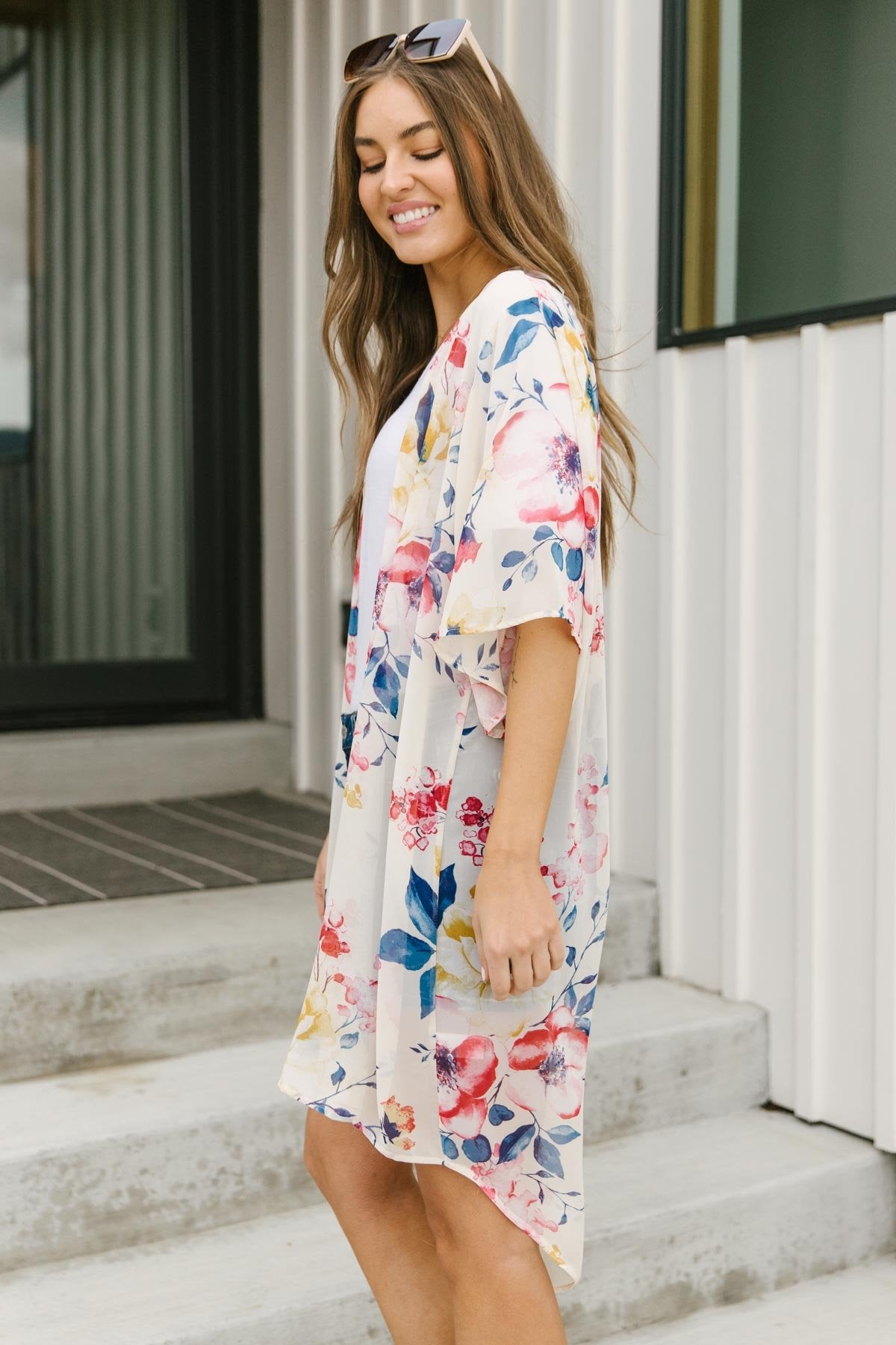 Lightweight Floral Kimono In Ivory