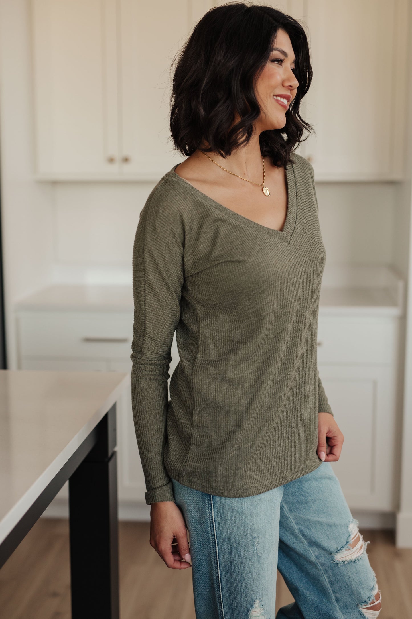 On a Roll Ribbed Knit V Neck Long Sleeve Top