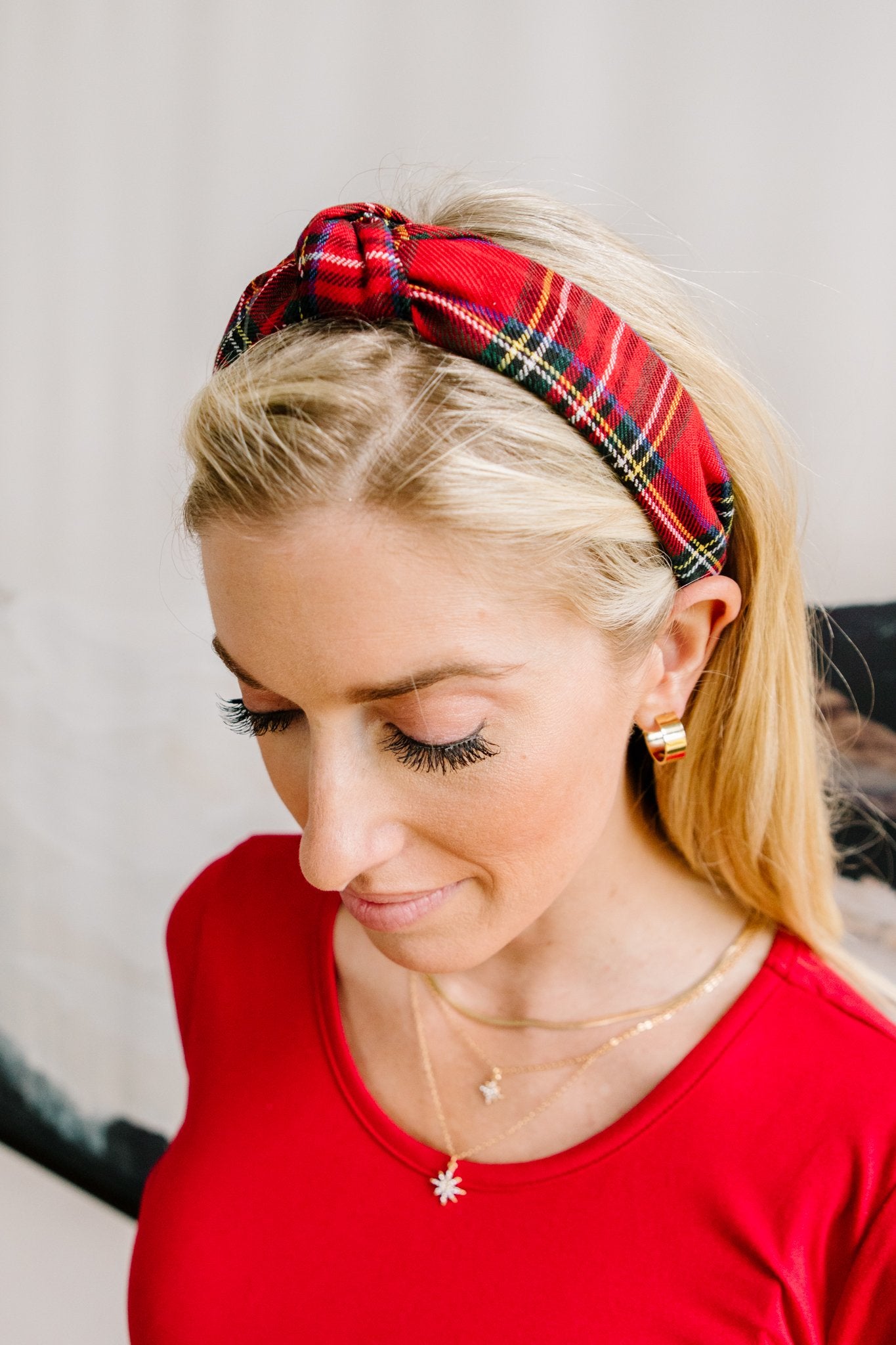 Plaid Top Knot Headband in Red