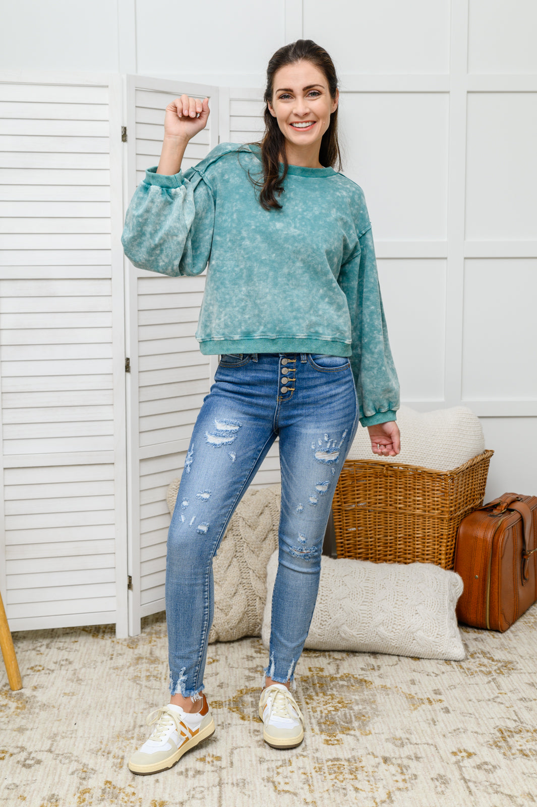 Tied Up In Cuteness Mineral Wash Sweater in Teal