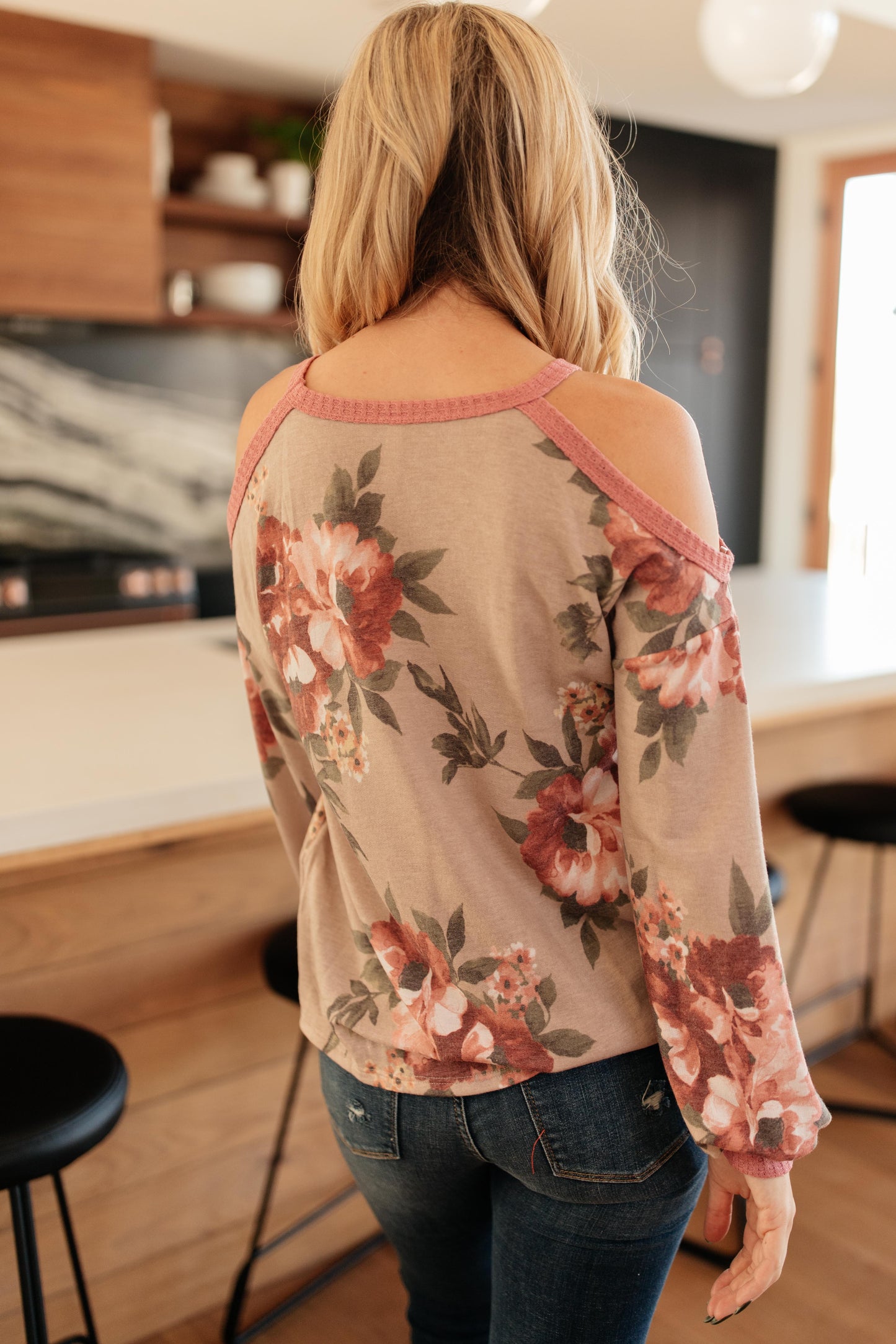 Waffle Meets Floral Top in Taupe