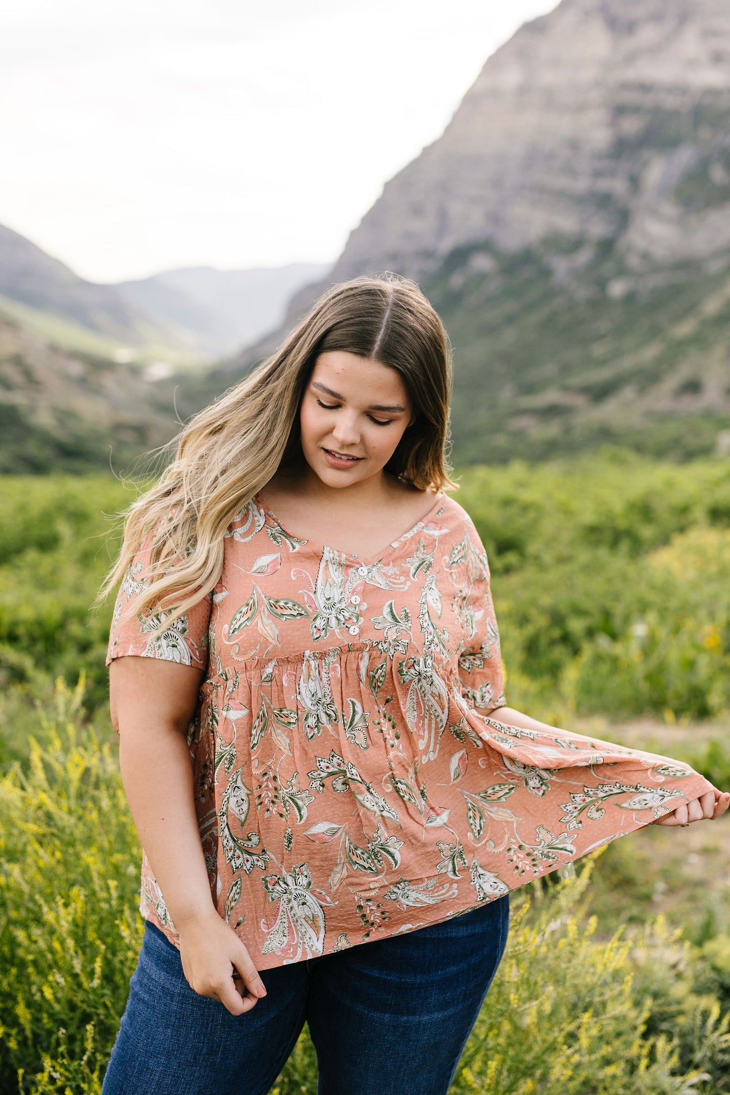 Bliss Swiss Dot Floral Top In Apricot