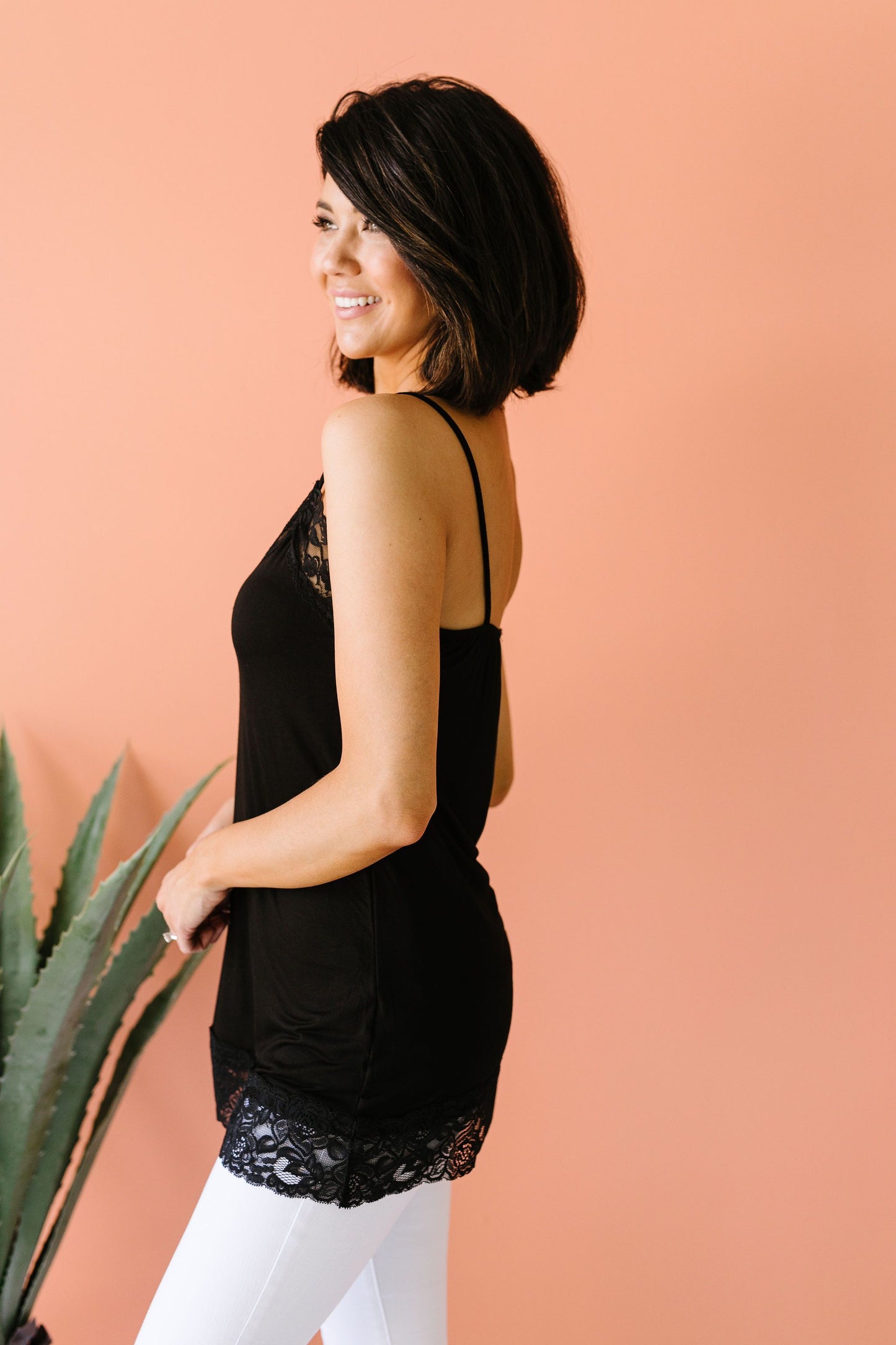 Lace Trimmed Knit Cami In Black