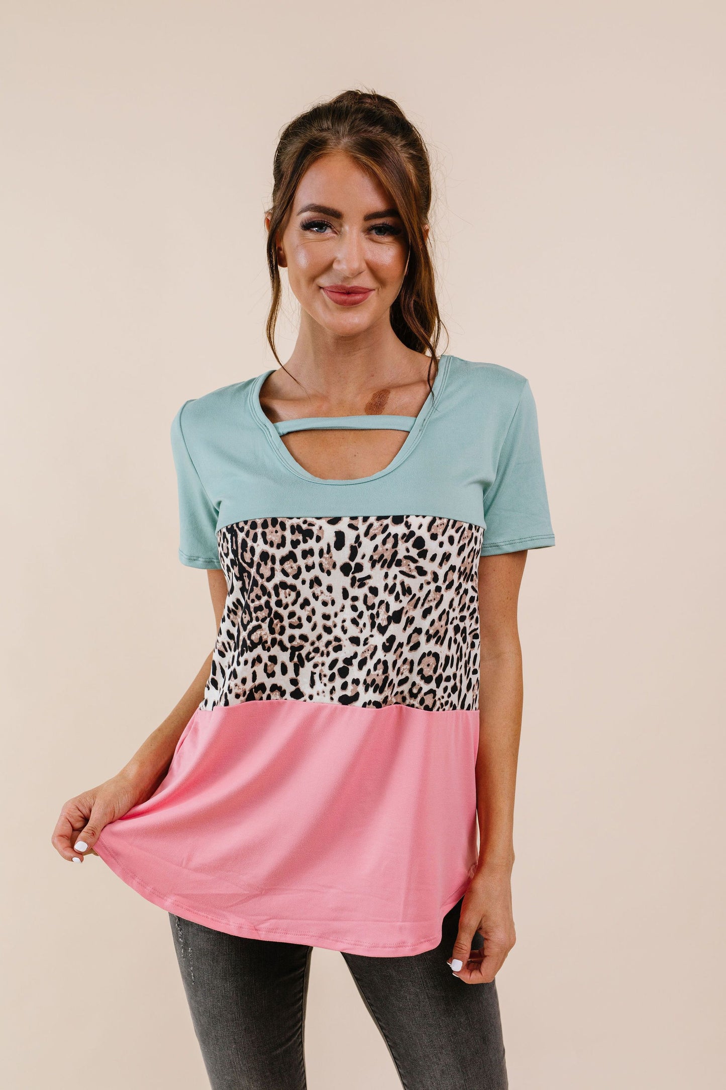 Leopard In The Middle Color Block Top In Mint & Coral
